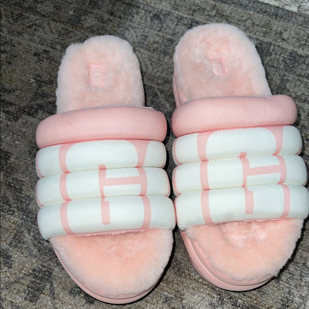 UGG Pink and White Fuzzy Slide Sandals